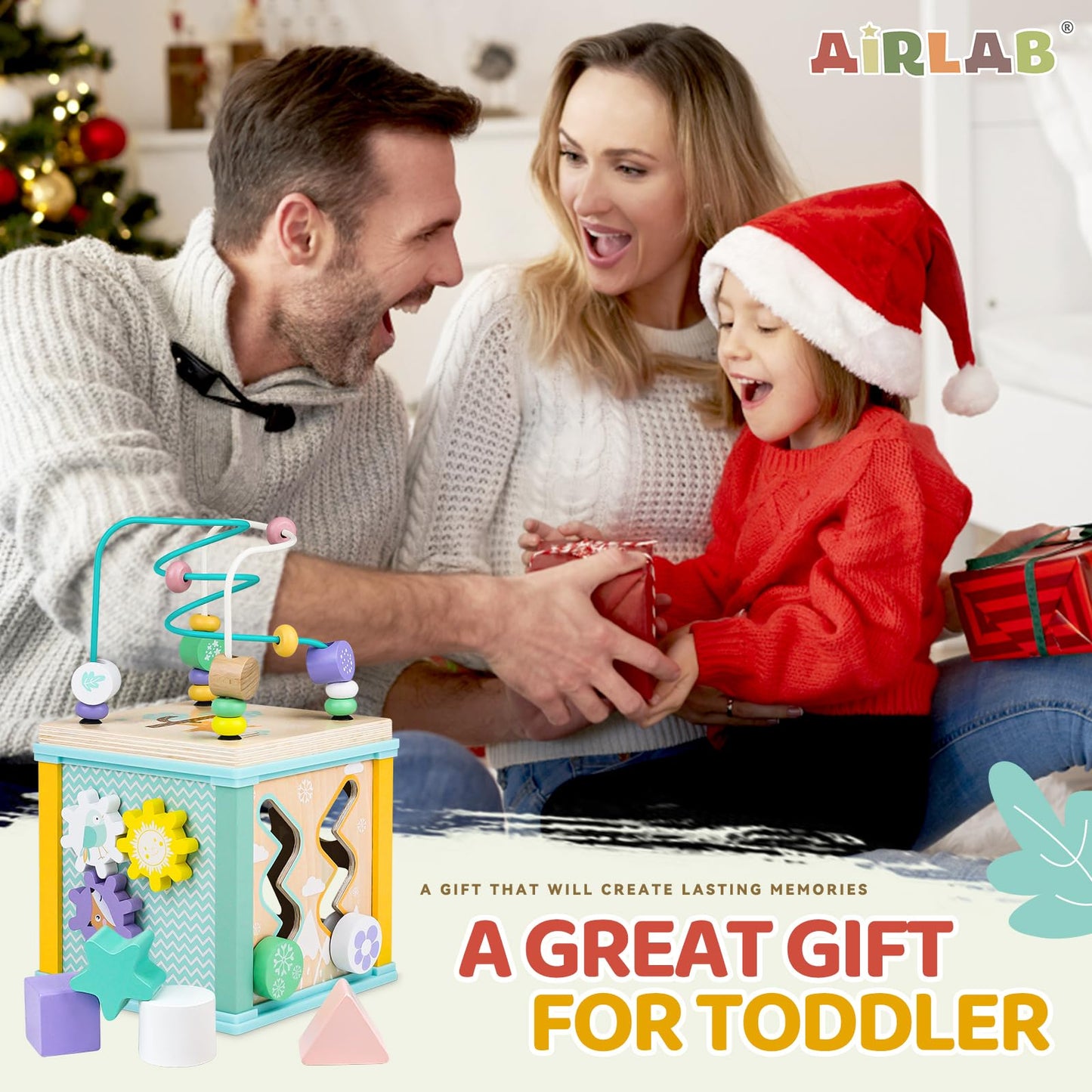 Airlab wooden activity cube toy with bead maze, shape sorter, and sensory features for toddlers and young children.