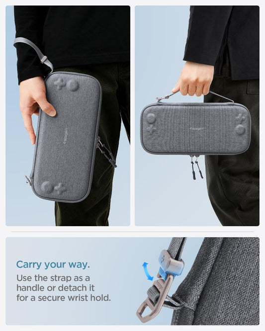 Spigen Klasden Pouch 2 for Nintendo Switch 2 in charcoal gray, compact travel case with 12 game slots, rear grip, and G hook.