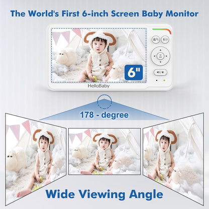 HelloBaby baby monitor with 6-inch split screen, camera with night vision, portable display, remote pan/tilt/zoom, and 2-way talk.