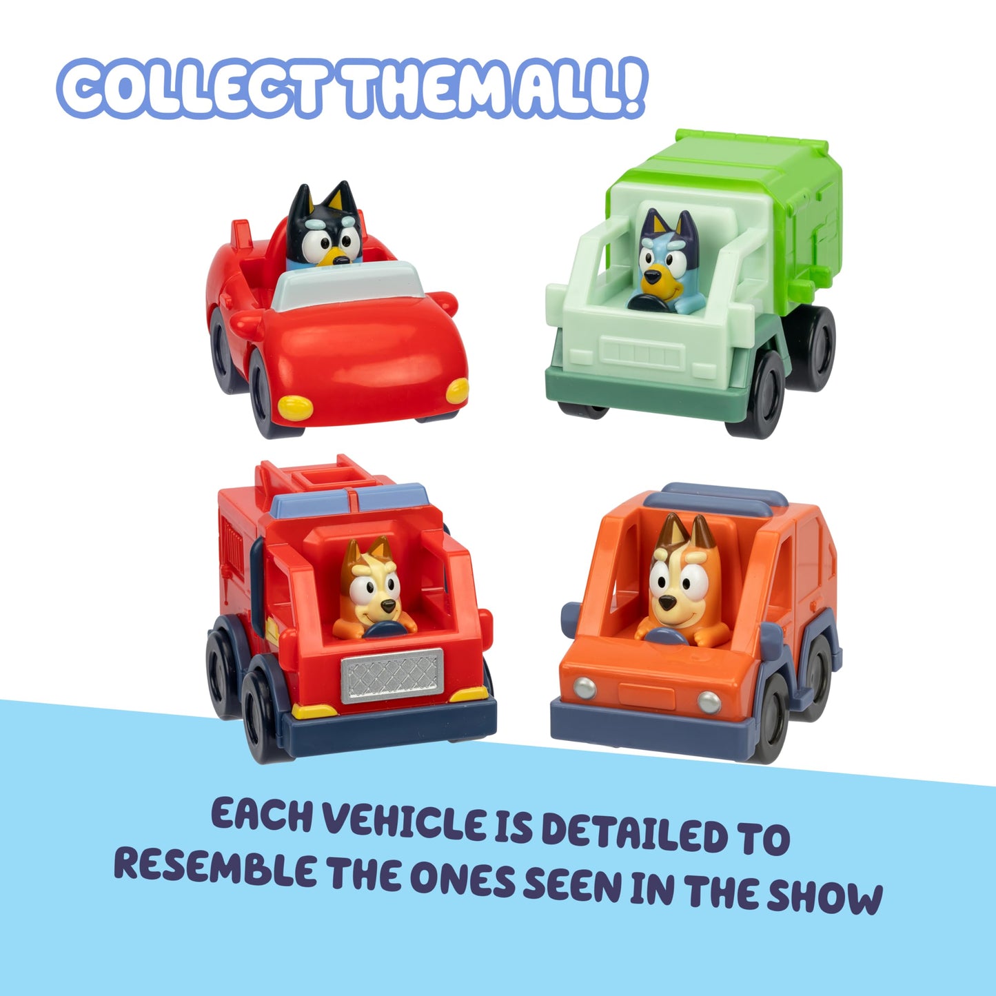 Bluey Mini Racers, 4 of the Most Popular Vehicles in Mini Form. Roll and Race With Garbage Truck, Fire Truck Bingo, Convertible Bandit and Heeler 4WD Chilli, Collect Them All!