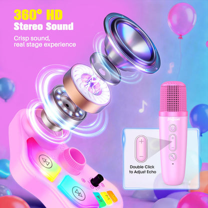 Dislocati Kids Karaoke Machine with 2 microphones, LED lights, Bluetooth speaker, and stand for girls aged 3 to 10 years old.