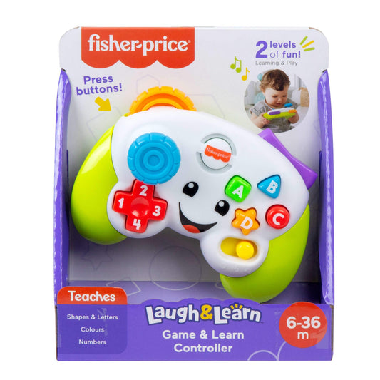 Fisher-Price Laugh & Learn game controller toy in green with buttons, musical features, for infants aged 6 months and up.