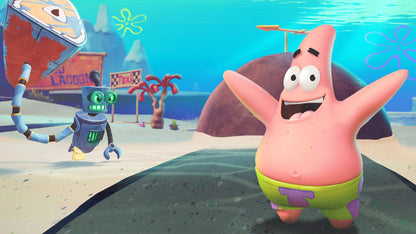 Nintendo Switch game cartridge for SpongeBob Squarepants: Battle For Bikini Bottom - Rehydrated by THQ Nordic, featuring SpongeBob on the cover.