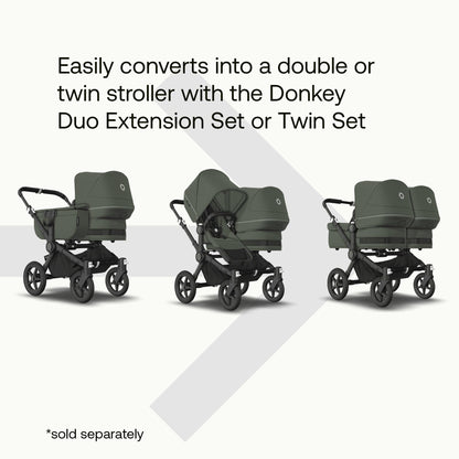 Bugaboo Donkey 5 Mono, Convertible Double Stroller, Improved Design, Reversible Seat, One Hand Steering, Side Basket, Black/Forest Green