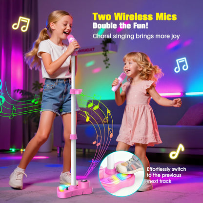 Dislocati Kids Karaoke Machine with two microphones, Bluetooth speaker, LED lights, stand, perfect for girls aged 3 to 10.