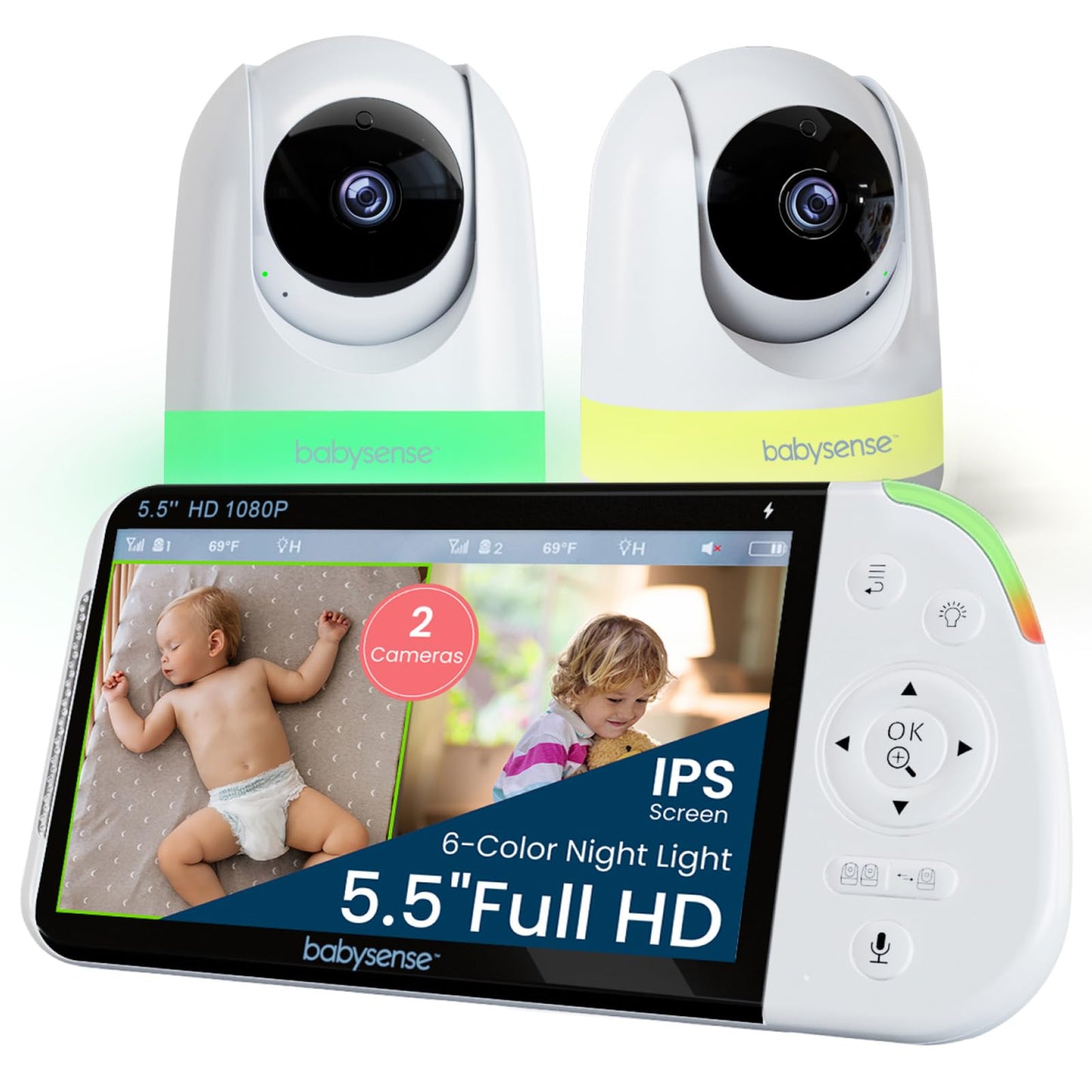 Babysense full HD split-screen baby monitor with 2 PTZ cameras, night light, two-way talk, zoom, and clear audio.