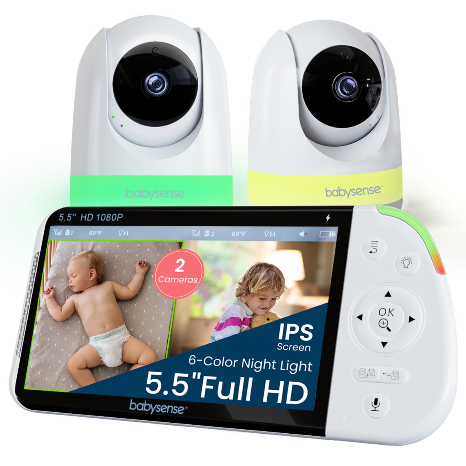 Babysense full HD split-screen baby monitor with 2 PTZ cameras, night light, two-way talk, zoom, and clear audio.