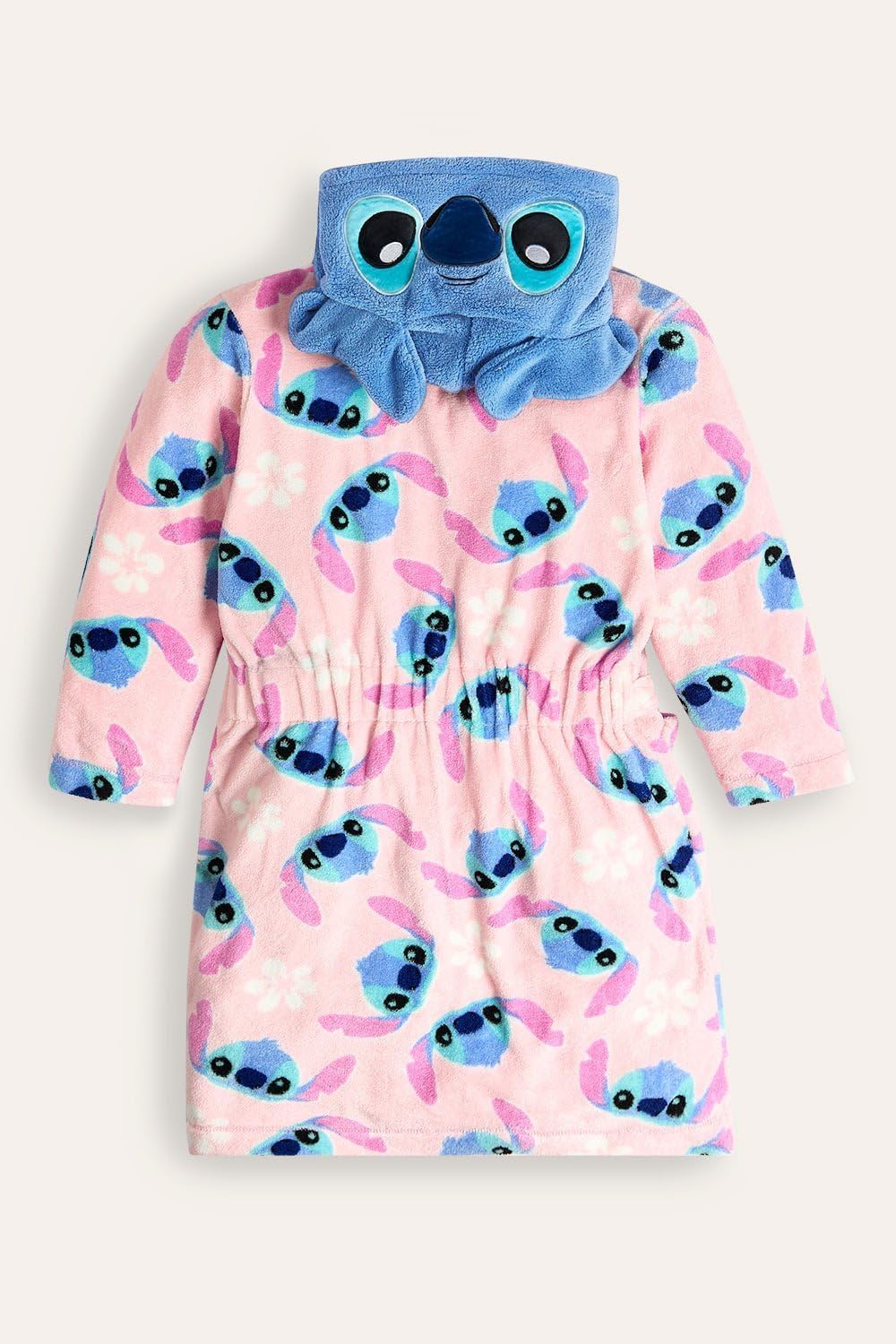 Disney girls Stitch dressing gown featuring a hood with 3D ears, floral print, tie belt, and pockets, perfect for loungewear or bathrobe.