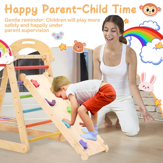 5-in-1 Wooden Climbing Frame, Adjustable Slide, Swing, Climbing Net and Monkey Bars,Montessori Indoor/Outdoor Jungle Gym for Toddlers