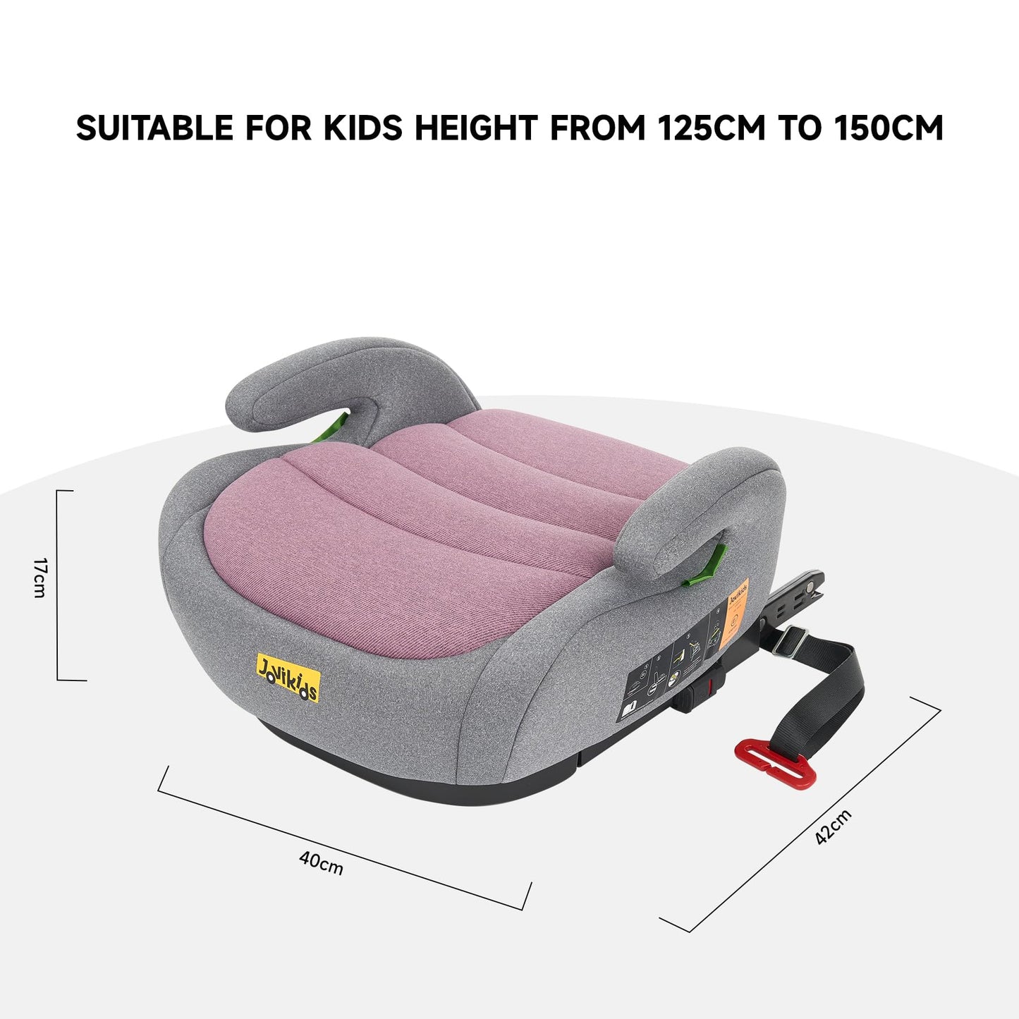 Jovikids I-Size Booster Seat for Car with ISOFIX, 125-150cm (Group 2/3, 6-12 Years), Portable Booster Seat for Kids, Comfortable, Compact, Convenient for Everyday Use, Great for Travel, ECE R129, Pink