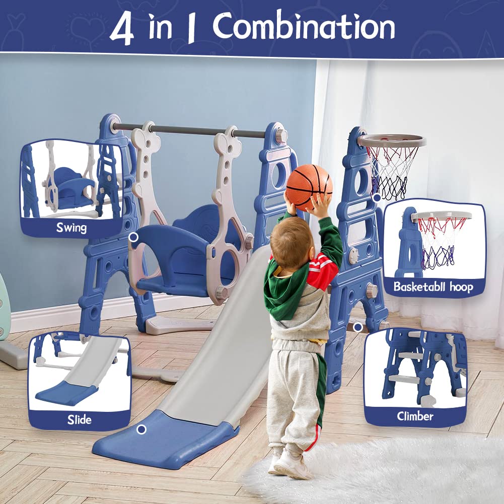 FUKEA Kids Slide, Large 4 in 1 Toddler Slide, Climber & Swing Set with Basketball Hoop, Garden Climbing Frames, Slide for Children Age 1-3 Indoor & Outdoor, for Kids (Blue)
