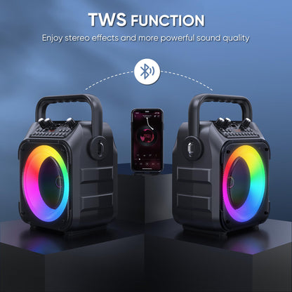 Wowstar portable karaoke machine with LED lights, wireless microphones, Bluetooth speaker, TF card support, AUX, FM, and TWS functionality.