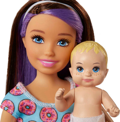 Barbie FHY98 Family babysitter doll with brunette hair, baby figure, and highchair playset accessories in multi-colors.