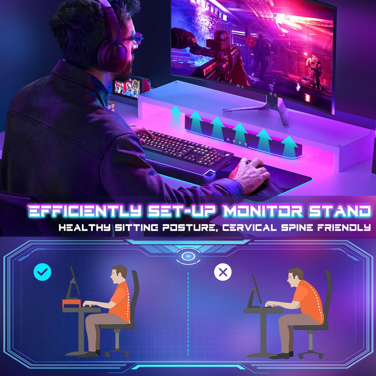 iSunirm Gaming Desk with LED Lights & Power Outlet, Reversible Computer Desk with Moveable Monitor Stand, 100x75x50CM Office Desk with USB Charging Station for Home, Bedroom, Study, White