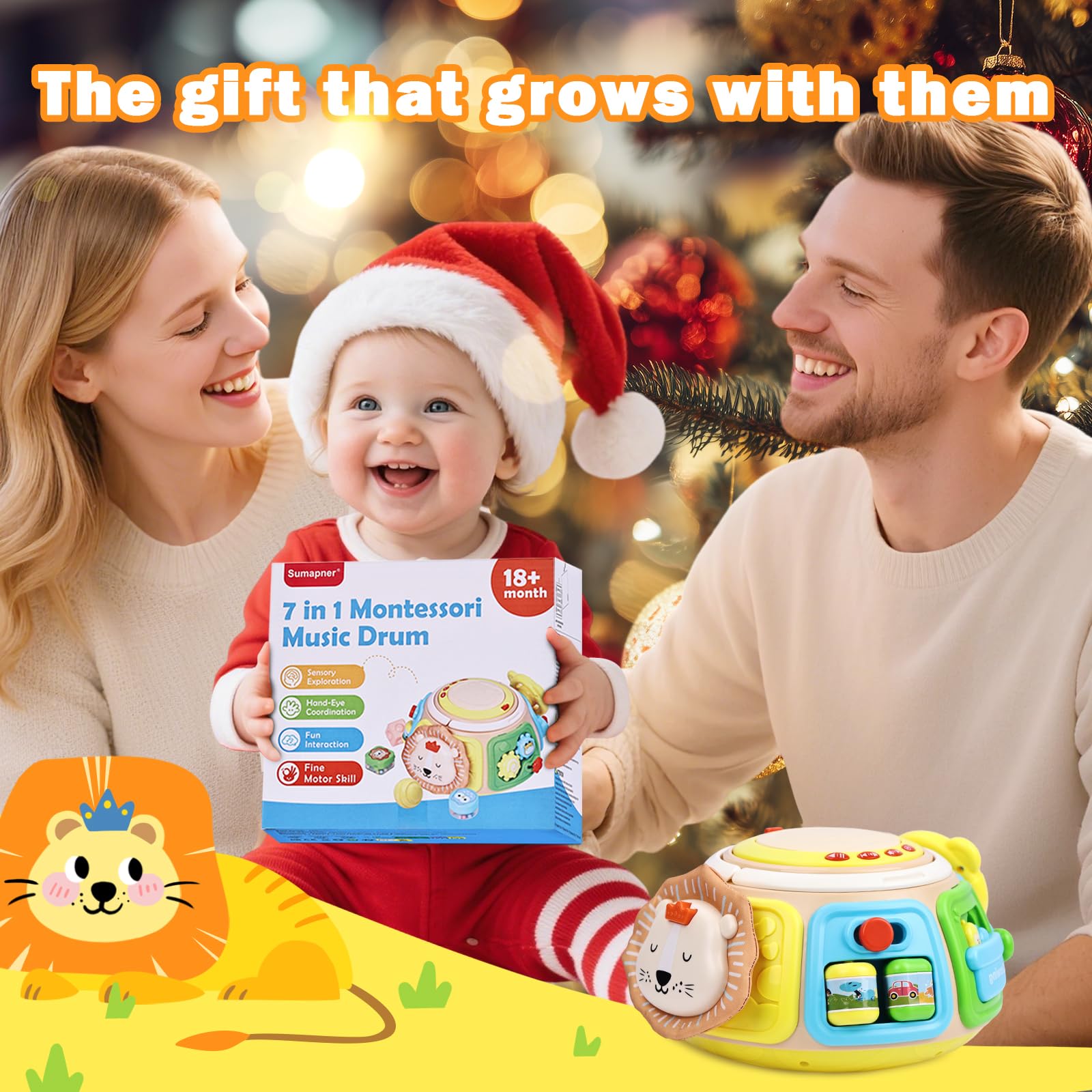 Sumapner 7-in-1 activity cube drum with colorful sensory shape blocks, musical lights, and educational features for toddlers and babies.