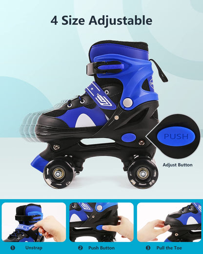Ceestyle adjustable kids roller skates with blue boots, illuminating light-up wheels, and built-in size adjusters for boys and girls.