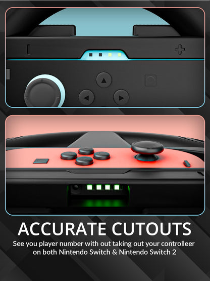Orzly twin pack of black steering wheels for Nintendo Switch 2, compatible with Joy-Con controllers for racing and kart games.