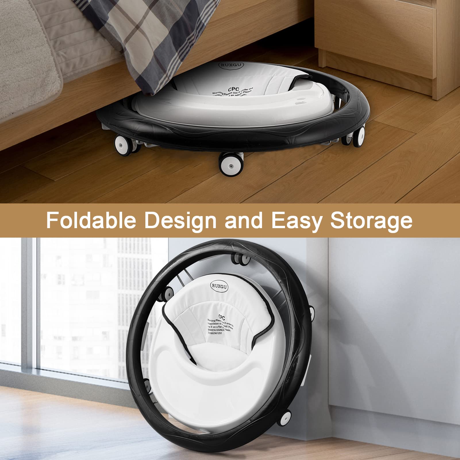White LANGYI SMARTRICH baby walker with foldable design, mute anti-rollover feature, suitable for 66-80cm height.