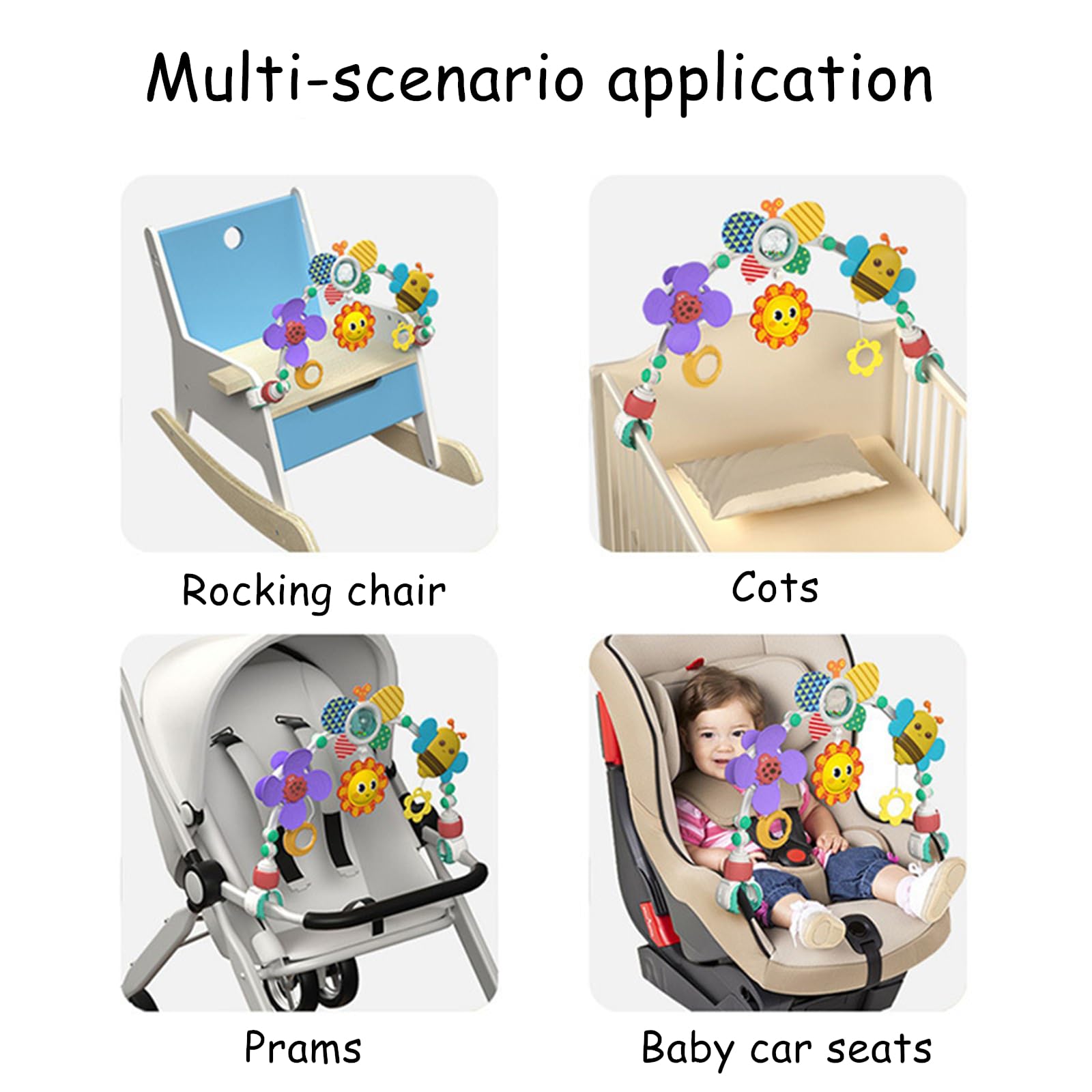 DQTYE baby stroll activity pram with foldable play arch and rattle toy, suitable for 6-12 months, ideal for travel.
