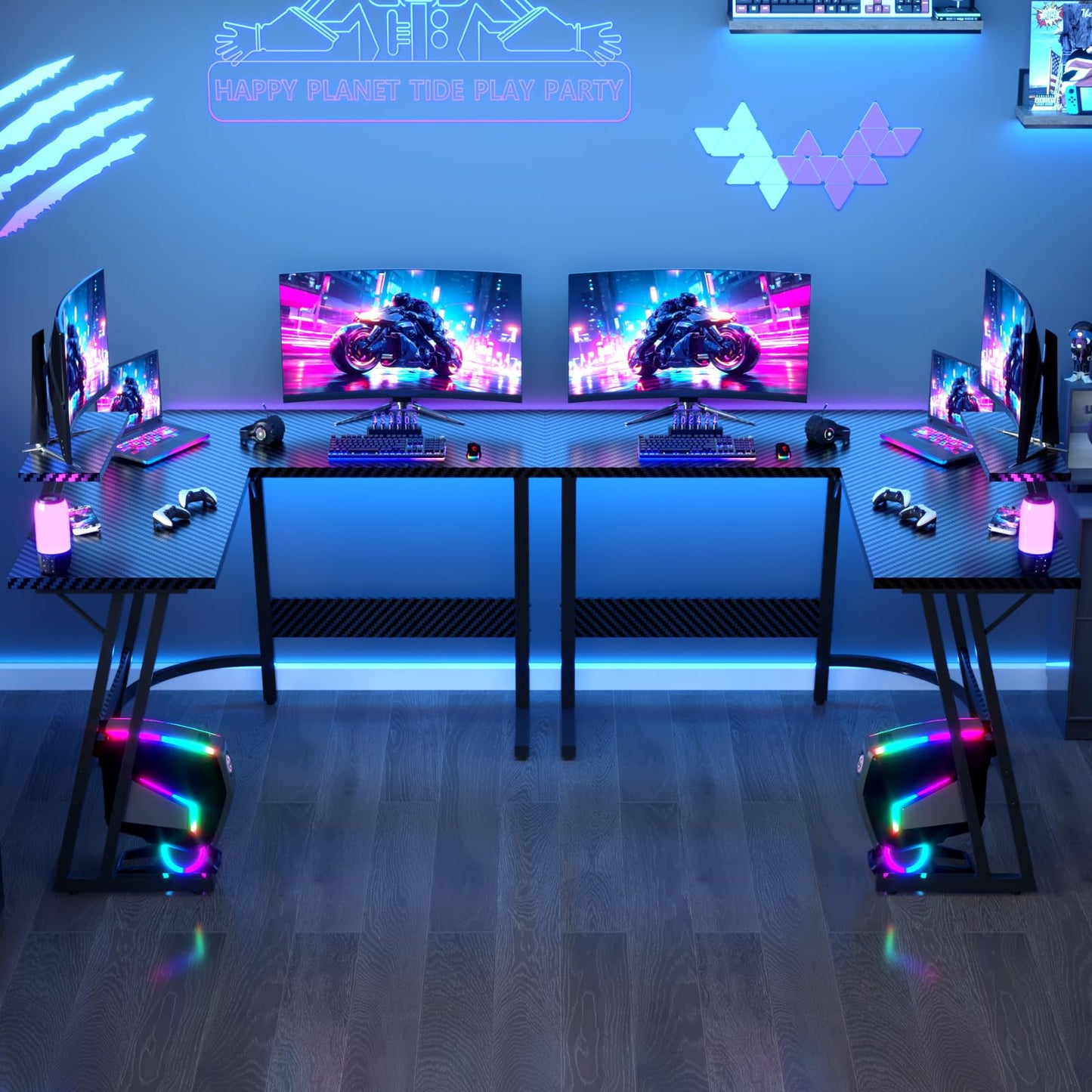 JUMMICO L Shaped Gaming Desk with Large Monitor Stand 120x120x75cm,Corner Desk for Home Office Study Writing Workstation, Carbon Fibre Black