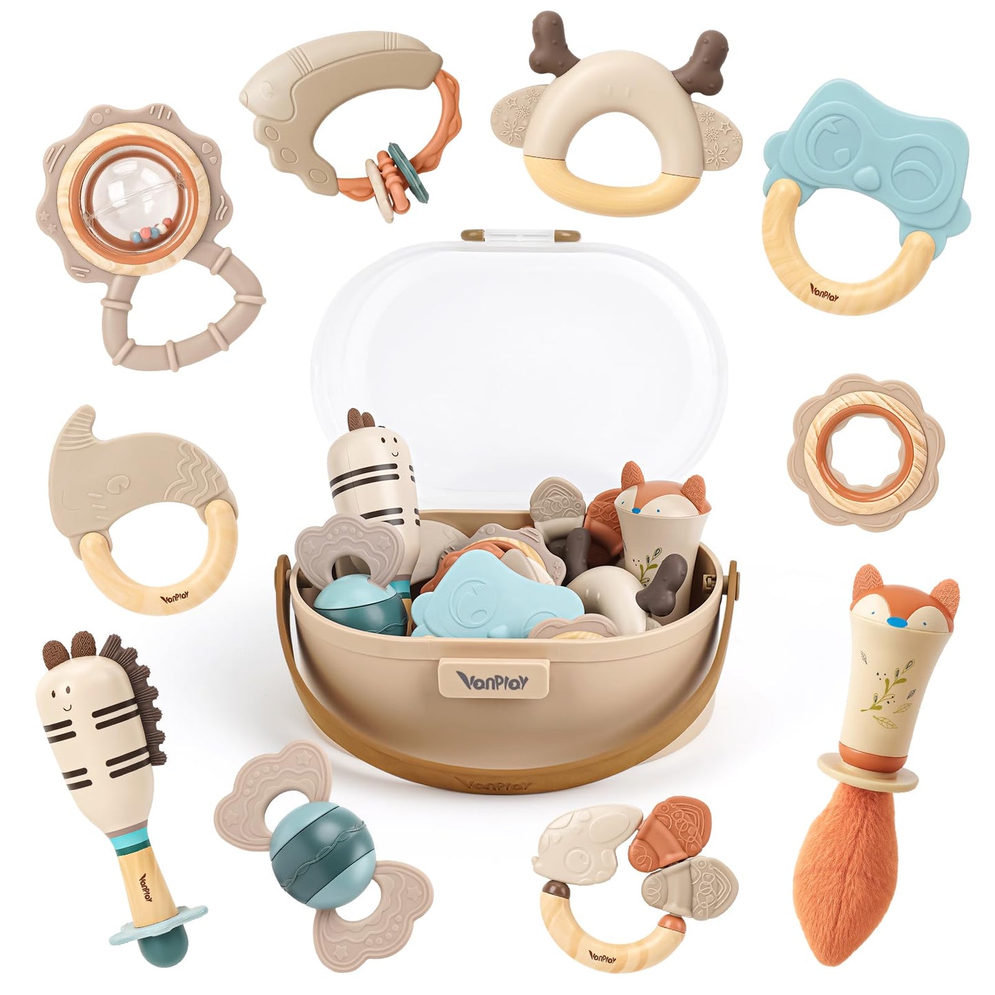 Vanplay baby toys set for 0-6 months, includes rattles and teething toys in a storage box, featuring colorful sensory designs.