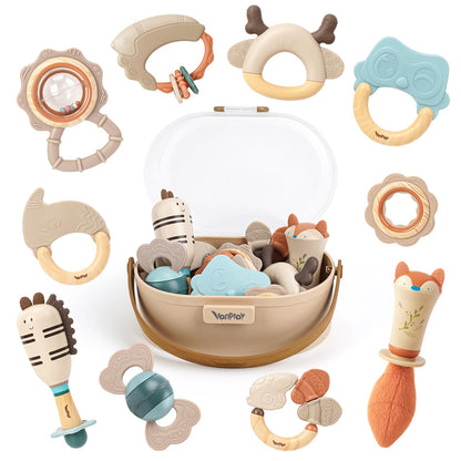 Vanplay baby toys set for 0-6 months, includes rattles and teething toys in a storage box, featuring colorful sensory designs.