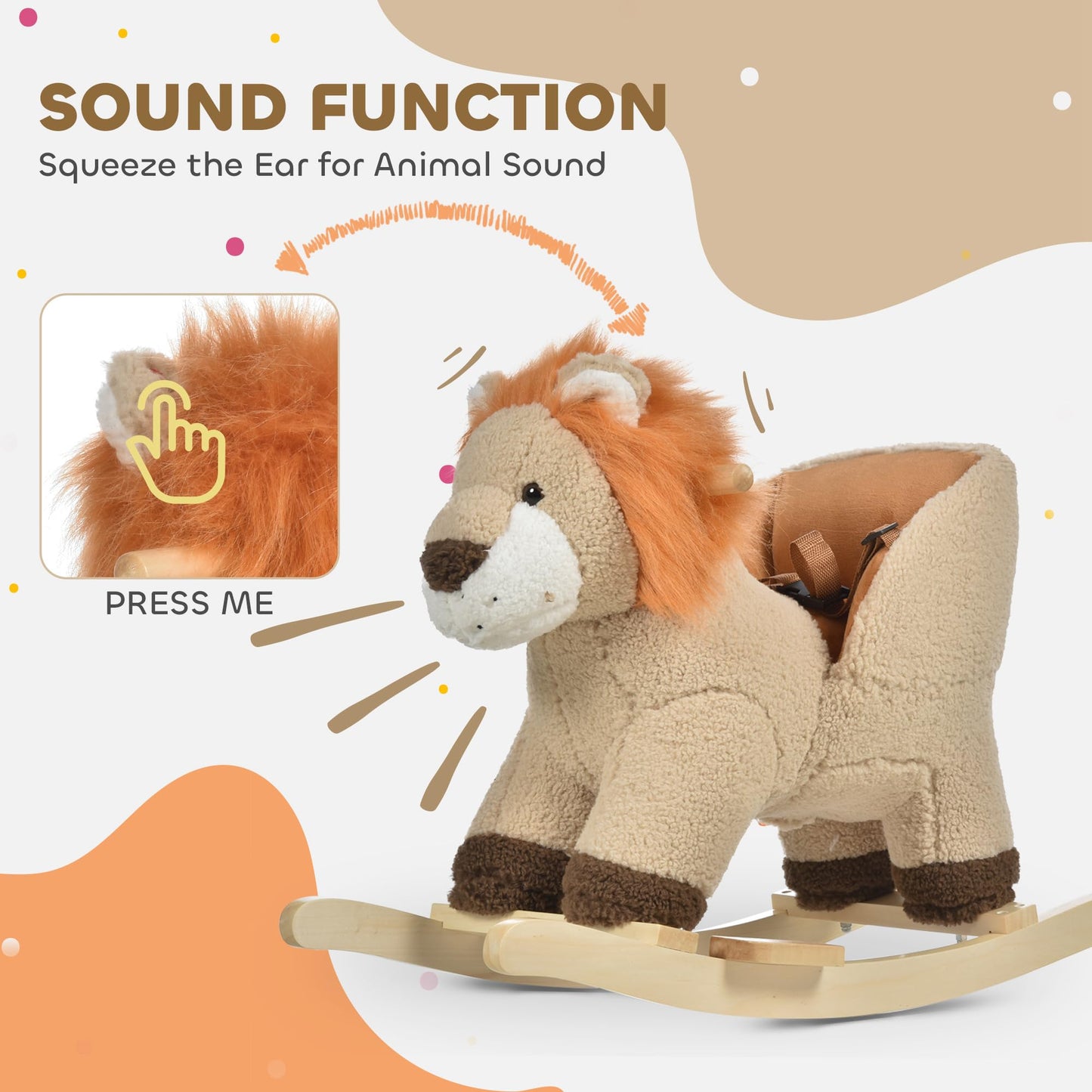 HOMCOM Baby Rocking Horse, Plush Ride on Lion Seat for Toddlers 18-36 Months with Sound, Safety Belt, Wood Base, Animal Rocker for Children, Brown