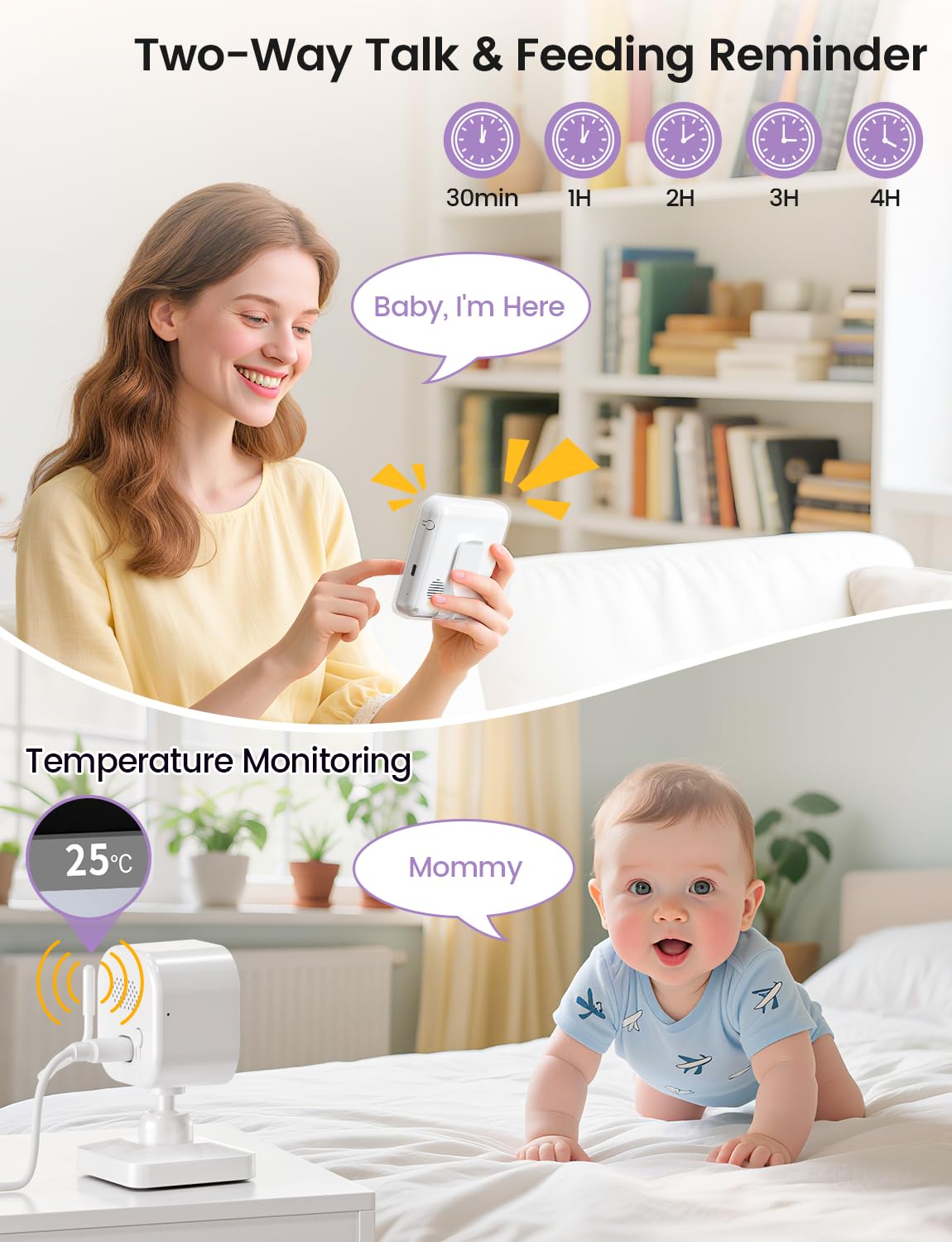 BURNNOVE baby monitor with camera, audio, night vision, 2.8" screen, 2-way talk, temperature sensor, lullabies, and long-range.