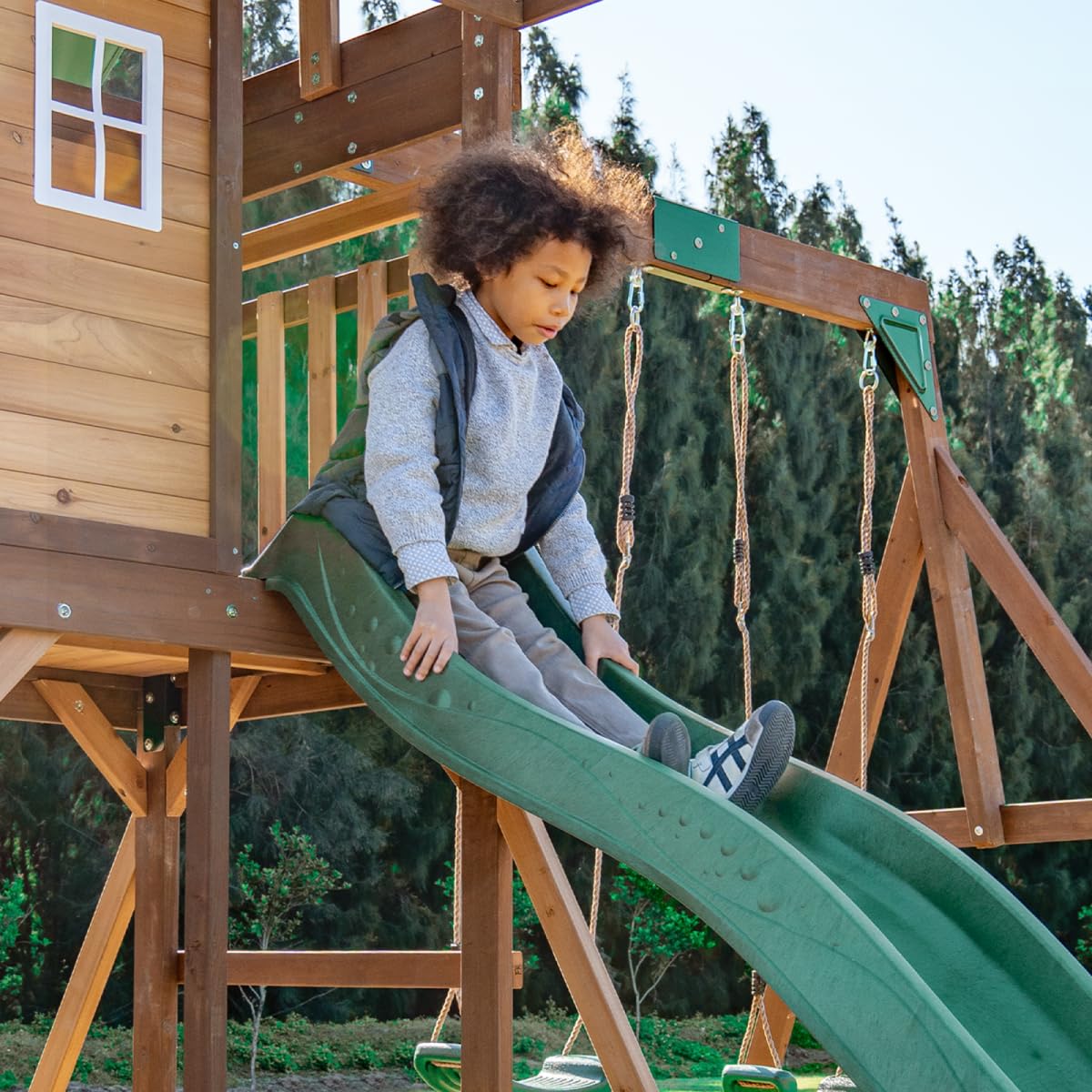 DOLPHIN PLAYGROUND T Wooden Swing and Slide Set for Backyard, Kids Swing Set with Picnic Table, Play House for Kids Outdoors with Slide 2 Swings Climbing Wall, Kids Outdoor Play Equipment for Ages 3+