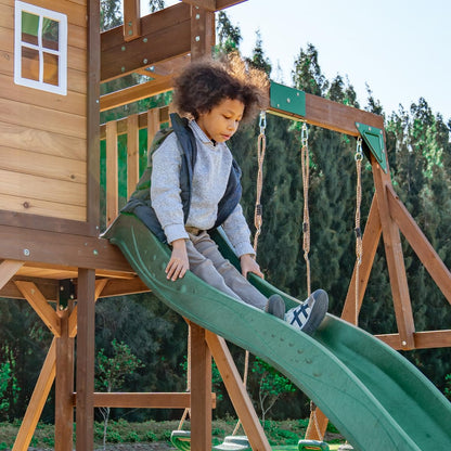 DOLPHIN PLAYGROUND T Wooden Swing and Slide Set for Backyard, Kids Swing Set with Picnic Table, Play House for Kids Outdoors with Slide 2 Swings Climbing Wall, Kids Outdoor Play Equipment for Ages 3+