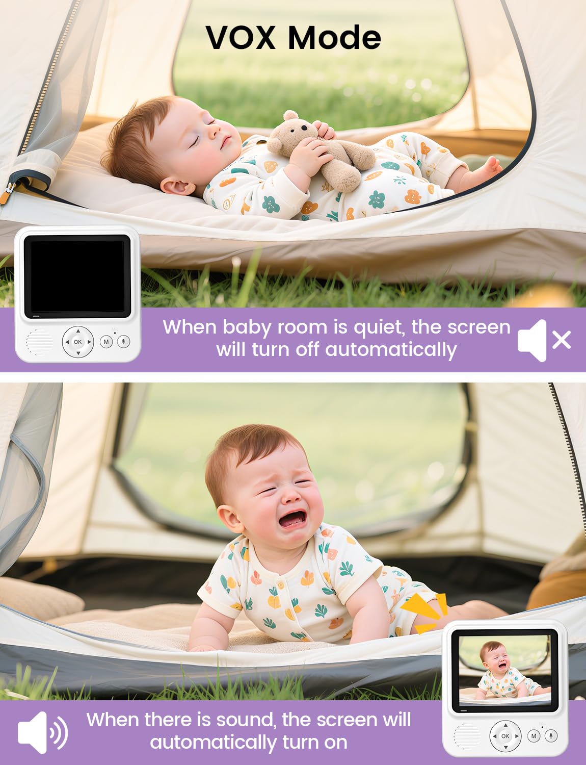 BURNNOVE baby monitor with camera and audio, 2.8-inch screen, night vision, 2-way talk, temperature sensor, and lullabies.