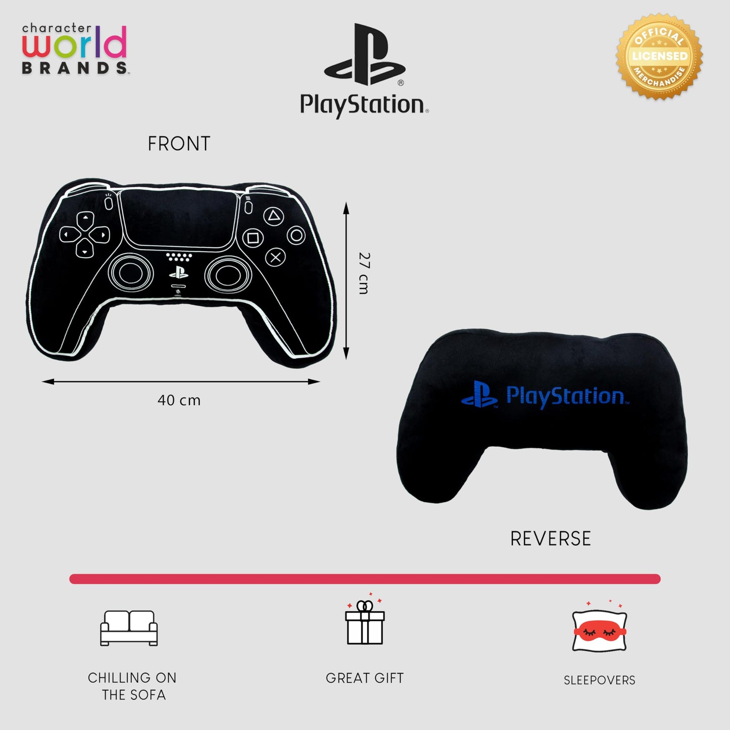 PlayStation licensed plush controller-shaped cushion pillow in black, glow-in-the-dark gaming decor for bedroom or gaming room.