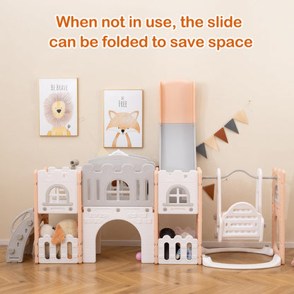 COSTWAY Toddler Swing and Slide Set, 10 in 1 Kids Slide with Climber Ladder, Basketball Hoop, Telescope, Tunnel, Storage Space, Indoor Outdoor Playground for 1+ Years Old (Grey + Pink)