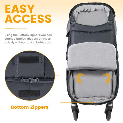 Orzbow winter footmuff for stroller, dark grey, adjustable and removable with zip and buttons, cozy toes for buggy comfort.