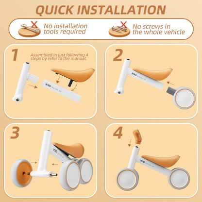 Brown XJD baby balance bike for toddlers 10-24 months, designed without pedals for easy riding in gardens.