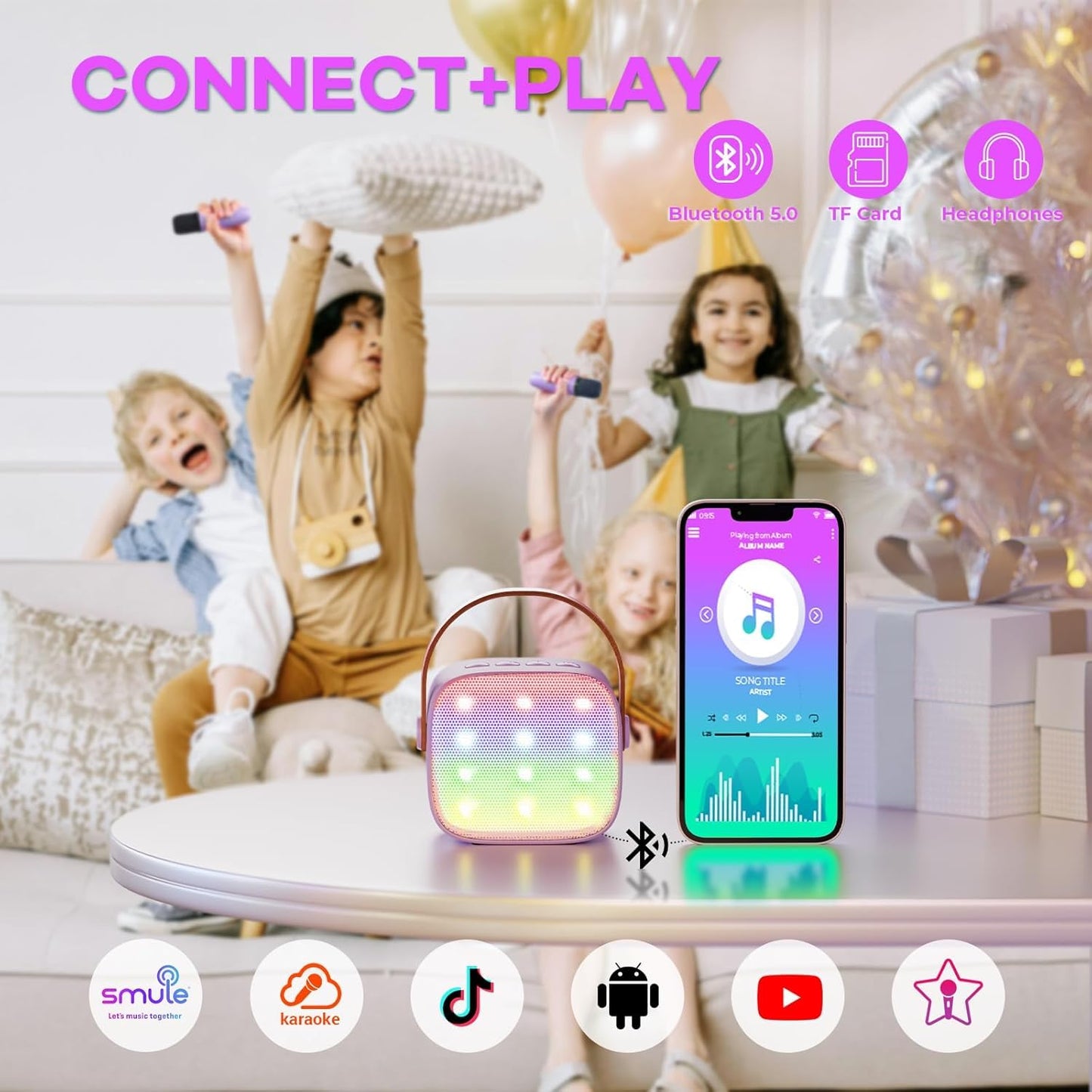YLL mini karaoke machine with two wireless microphones in purple, ideal for kids' birthday parties and young singers.