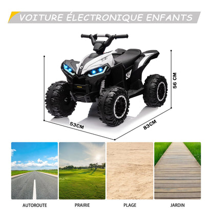 Aptliton kids' white electric quad bike ride-on toy with remote control, LED lights, music, horn, and adjustable speeds for ages 3-5.