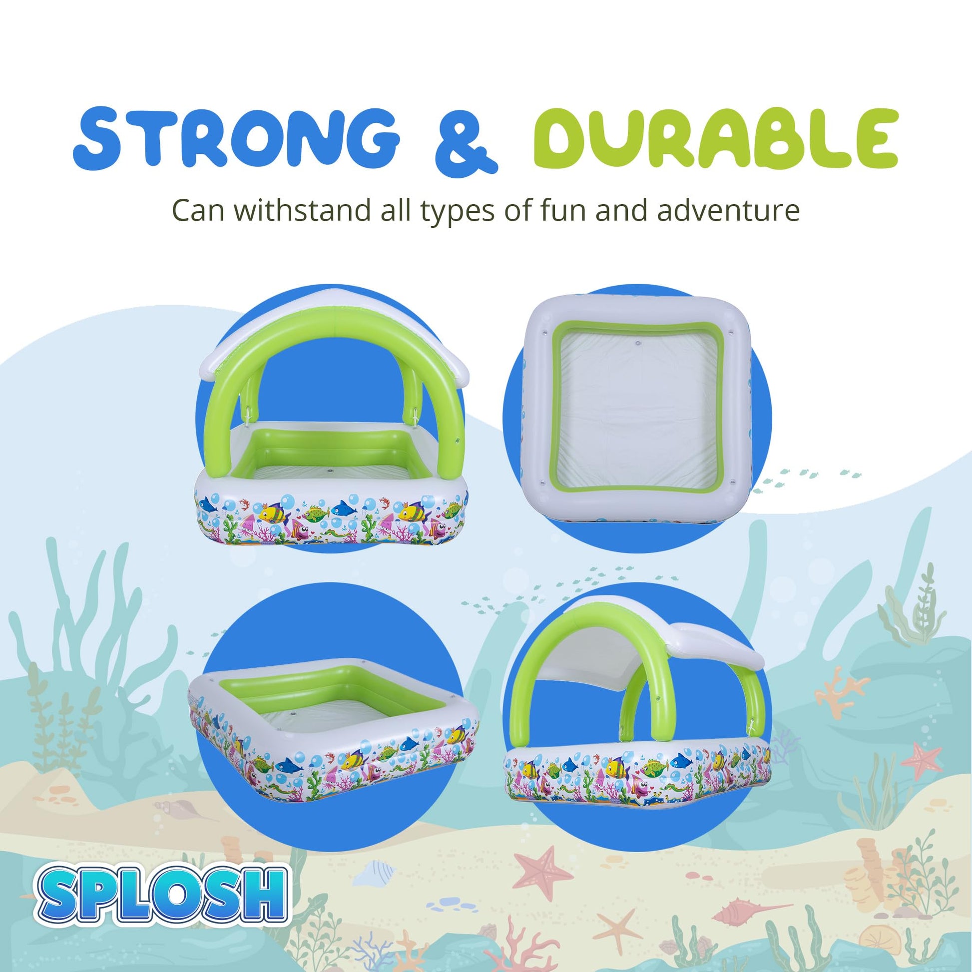 Splosh inflatable square paddling pool with sun shade, 1.43m x 1.43m, ideal for kids and toddlers in the garden.