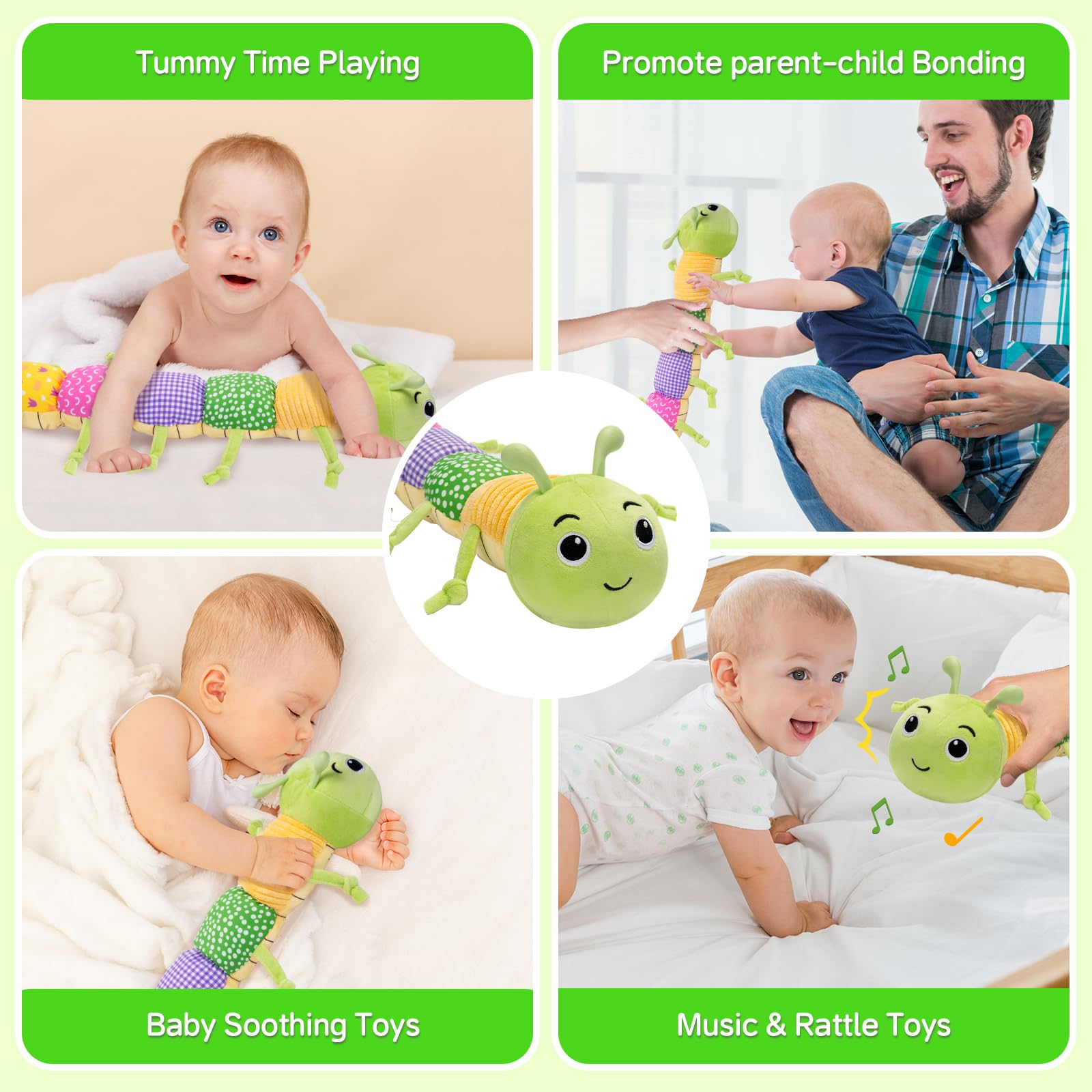Accevo baby musical multi-sensory caterpillar stuffed toy with crinkle, rattles, textures for tummy time, suitable for newborns.