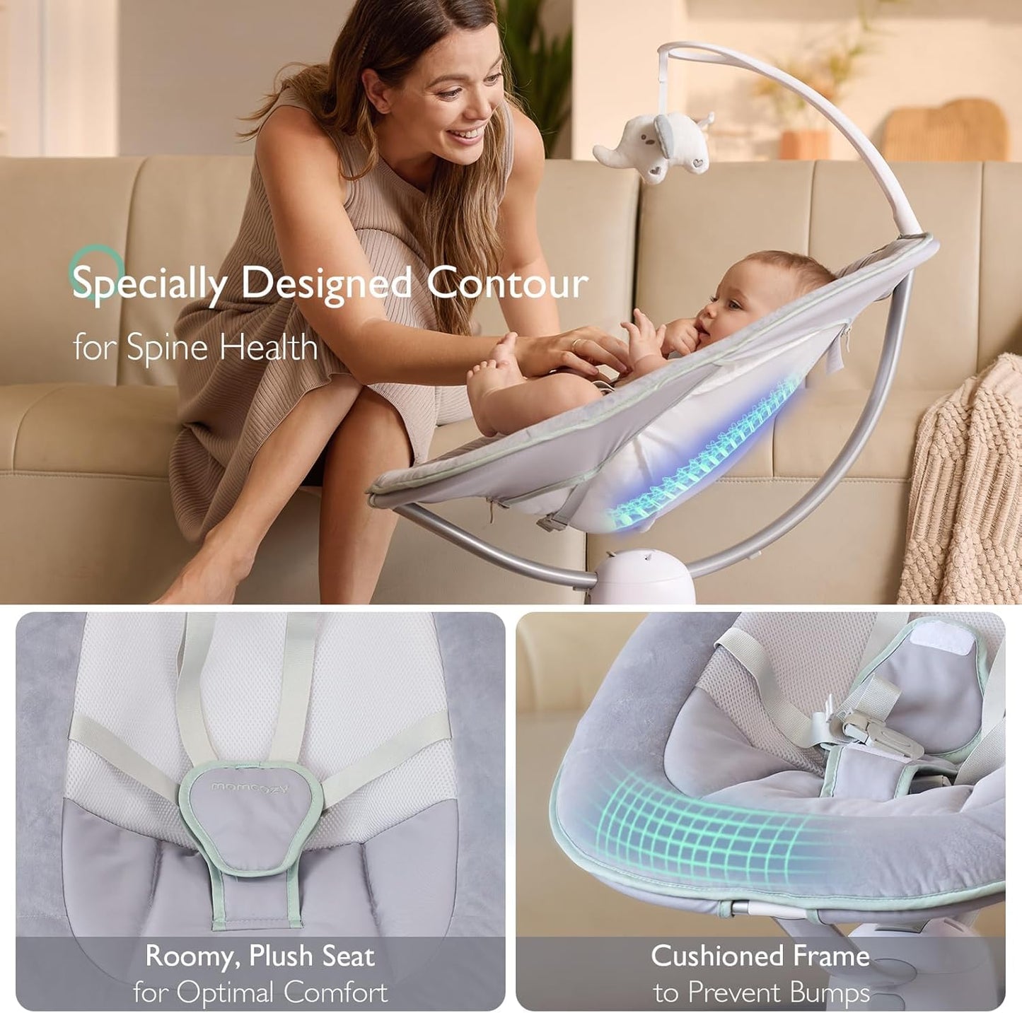 Momcozy CocoSway baby swing with 3D motion, remote control, soothing lullabies, suitable for infants and toddlers up to 20 lbs.