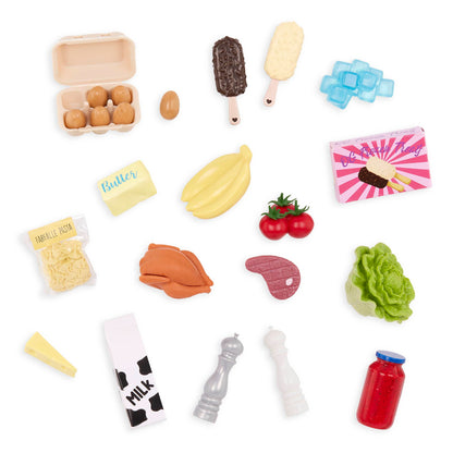 Our Generation pink fridge and kitchen playset with cooking accessories for 18-inch dolls, perfect for imaginative play.