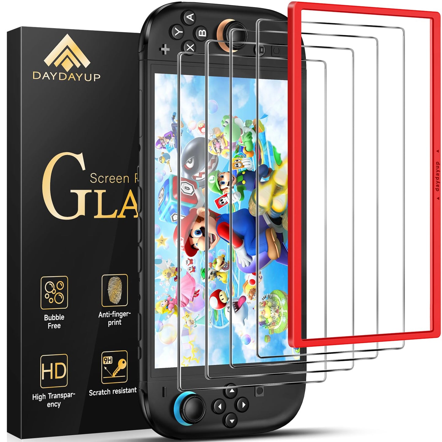 daydayup 4-pack Nintendo Switch 2 tempered glass screen protectors with guiding frame, high hardness 9H, and HD clarity for Switch 2025 model
