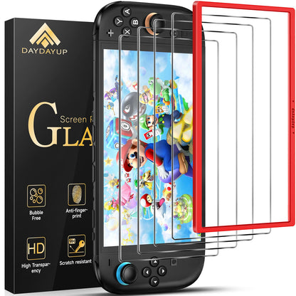 daydayup 4-pack Nintendo Switch 2 tempered glass screen protectors with guiding frame, high hardness 9H, and HD clarity for Switch 2025 model