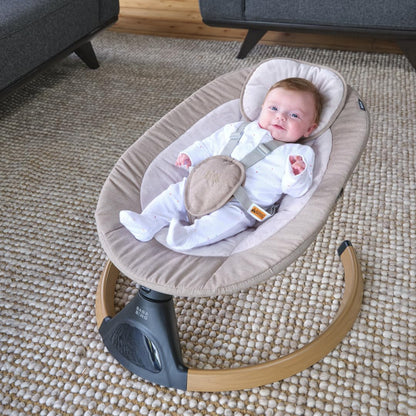 Baba Bing beige electric baby swing chair with Bluetooth, digital display, lightweight design, and five swinging options for infants.