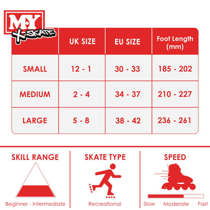 M.Y X-Skate Adjustable Red Inline Roller Skates with Built In Adjusters Kids Roller Boots for Boys & Girls - Medium