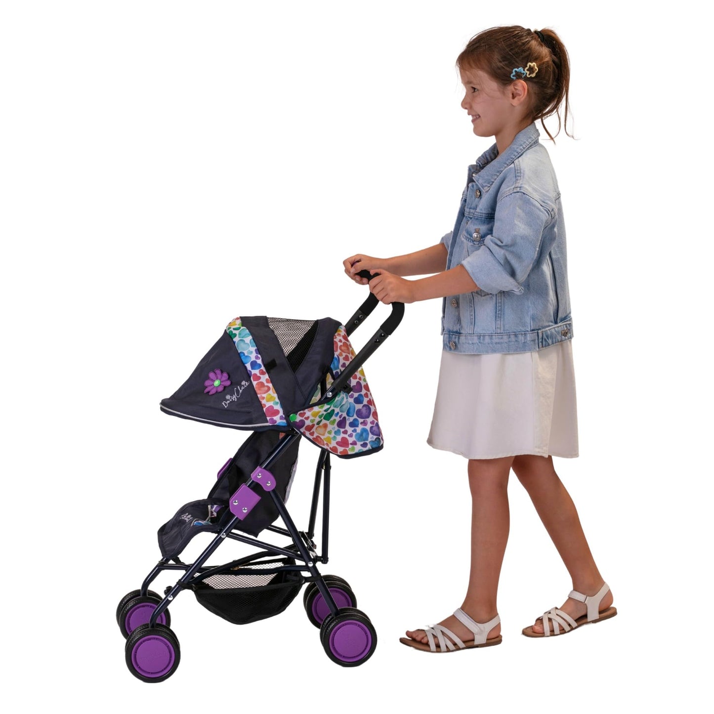Daisy Chain Zipp Max Dolls Pushchair – Adjustable handles from 76-82cm. For children of 4, 5, 6, 7, 8 or 9 years. (Rainbow Hearts)