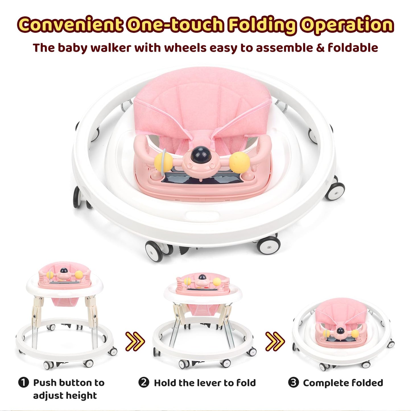 Pink Pioncrey baby walker with foldable design, music tray, lights, 7 adjustable heights, suitable for all terrains for 1-year-olds.