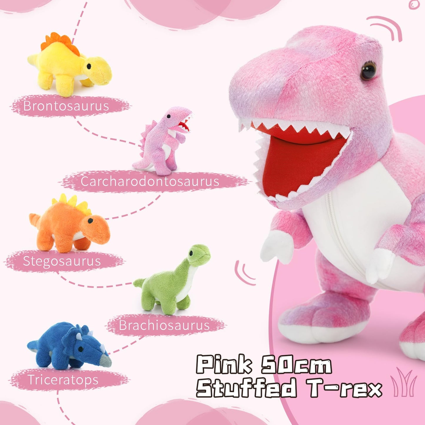 MorisMos Big Dinosaur Teddy Stuffed Animal, 50cm Pink Cuddly Fluffy Mom with 5 Babies Inside, Large T-Rex Soft Toys Kawaii Dino Present for Kids Birthday Christmas Deco