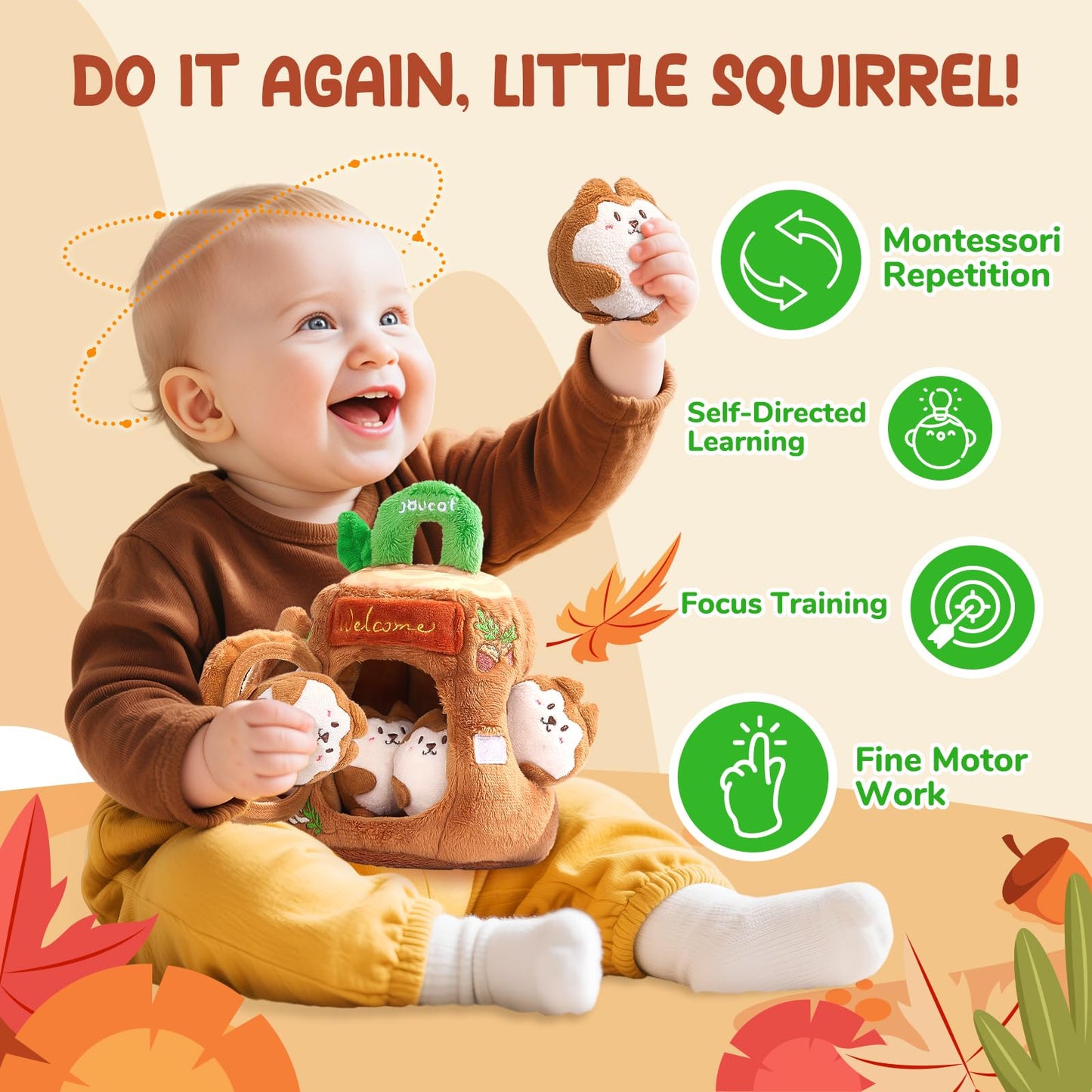 JoyCat Baby Toys 6-12 Months - Soft Baby Treehouse with 5 Sensory Squirrels - Rattle, Crinkle Paper, Squeaker, Mirror, Montessori Soft Toys for Toddlers 0-3 Years Old - Christmas Birthday Gift