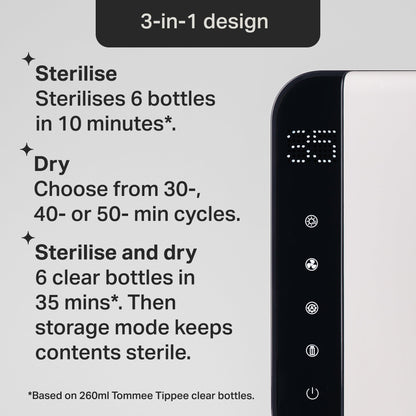 Tommee Tippee Ultra UV Steriliser, Dryer and Storage, Black, for Baby Bottles and Accessories, Steam-Free to Kill Viruses^ and 99.9% of Harmful Bacteria